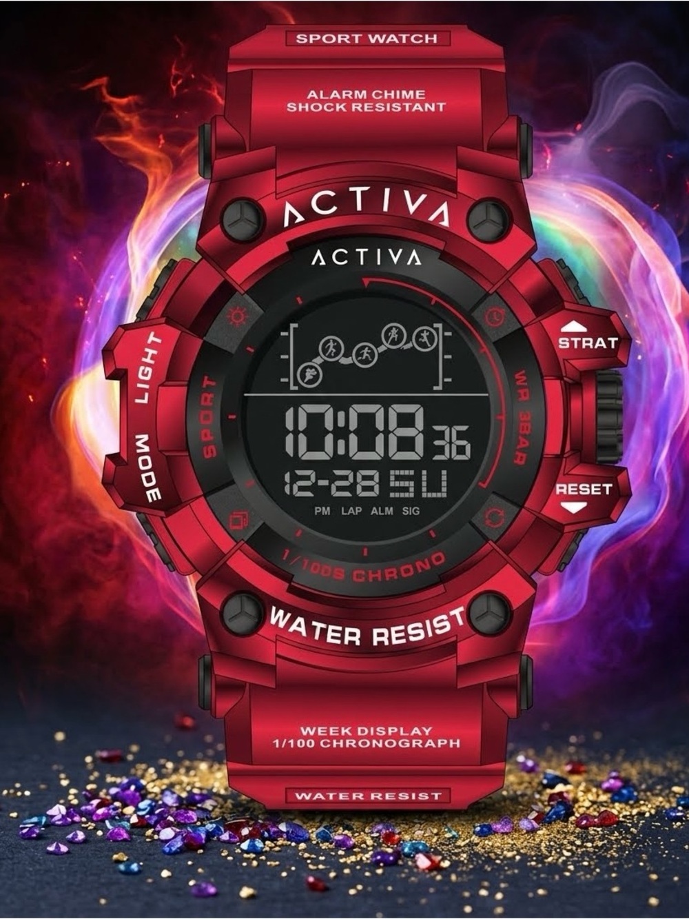 Activa Digital Essentials 50MM Mens Oversized LUXE COLLECTION Red / Black Watch!